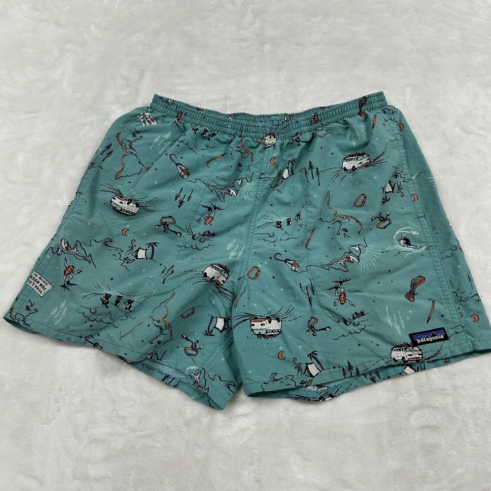 Patagonia Baggies Shorts Mens Medium Teal Viva Los Fun Hogs Print 5 Inch Inseam